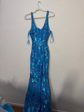 Turquoise Sequin Mermaid Gown Lace Up Back Prom Pageant Dress XS Blue